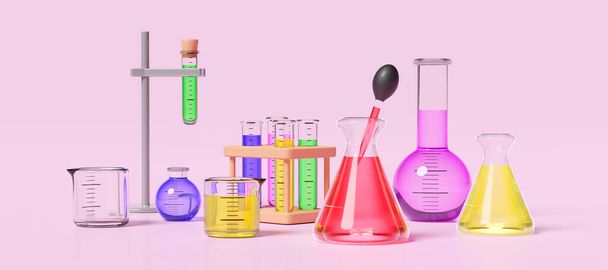 3D-Experimentierkasten mit Becher, Reagenzglas isoliert auf rosa Hintergrund. raum online innovatives pädagogisches konzept, 3D render illustration - Foto, Bild