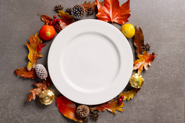 Overhead view of plate with autumn decoration and copy space on grey background. Thanksgiving, autumn, fall, american tradition and celebration concept. - Foto, Imagem