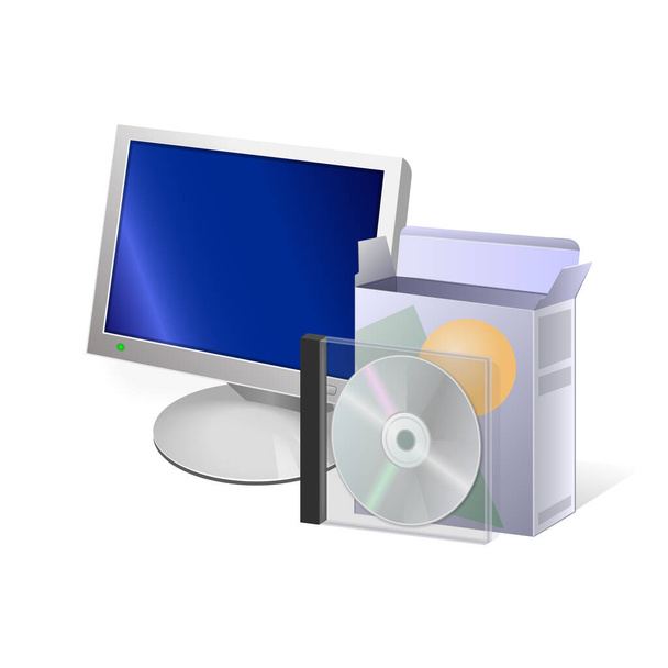 Unpacking files icon Compact disc computer and cardboard box - Vektör, Görsel