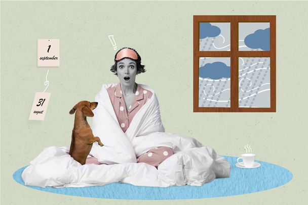 3d retro abstract creative artwork template collage of impressed sleepy woman summer over autumn beginning mask duvet doggy rainy weather. - Zdjęcie, obraz