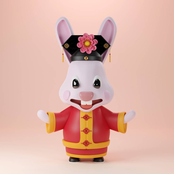 Illustration 3D de lapins mignons pour Bonne année chinoise 2023 année du signe du zodiaque de lapin avec fleur, lanterne, éléments asiatiques or sur fond de couleur. (Traduction : Bonne année) - Photo, image