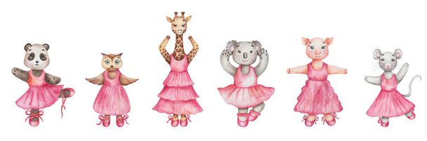 Акварельная иллюстрация ручной росписи панды медведя, совы птицы, жирафа, коалы, свиньи, мышиных девочек в танцевальной студии в розовом платье и балетной обуви. Мультяшные животные. Изолированный клип для печати, плакатов - Фото, изображение