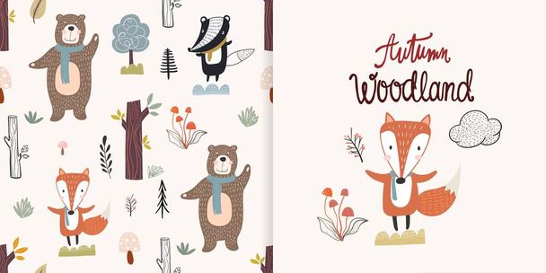 Осенний лесной массив с бесшовным рисунком и поздравительной открыткой, лесные милые животные, детский дизайн фона  - Вектор,изображение
