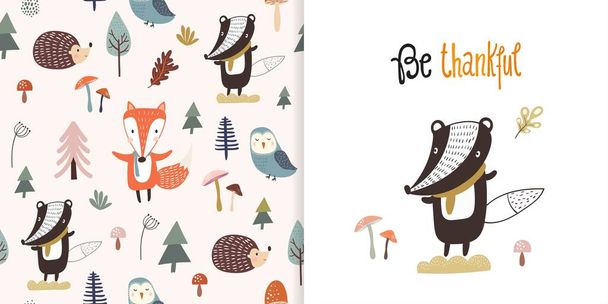 シームレスなパターンと感謝祭グリーティングカード、森のかわいい動物、子供っぽい背景デザインの秋の森セット  - ベクター画像