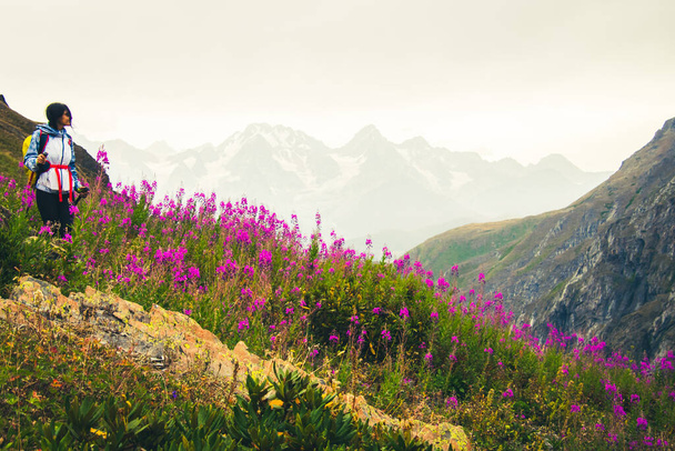Escursionista caucasica bruna con bastoncini nordici stare in posizione panoramica in salita nel verde sentiero escursionistico nelle montagne caucasiche. Attività ricreative e stile di vita sano - Foto, immagini