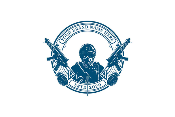 Soldado de la Marina de la Fuerza del Ejército de Élite con Sub ametralladora y granada para emblema militar Etiqueta Logotipo Diseño Vector - Vector, Imagen