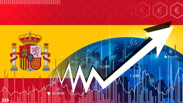 Crescimento económico em Espanha. Previsões económicas para a economia espanhola. seta para cima no gráfico contra o fundo da bandeira da Espanha. - Foto, Imagem