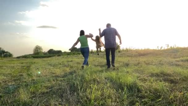 Rückansicht einer Familie mit einem Kind, die zusammen Zeit im Freien verbringt. Vater, Mutter, Hand in Hand die Tochter, in den Sonnenuntergang auf der Wiese schreitend. Glückliche Eltern mit Kindern in der Natur - Filmmaterial, Video