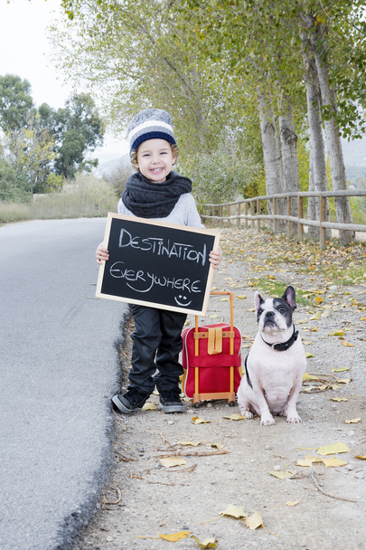child and dog hitchhiking - Photo, Image