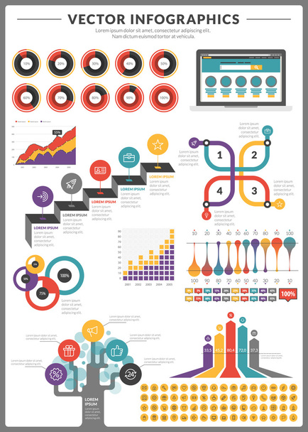Big pack of data visualization vector infographics and design elements with business bar, charts, graph, diagrams and icon set for brochures, flyers and websites - Wektor, obraz