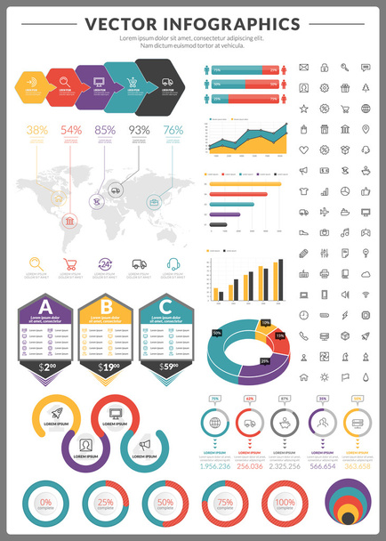 Big pack of data visualization vector infographics and design elements with business bar, charts, graph, diagrams and icon set for brochures, flyers and websites - Wektor, obraz