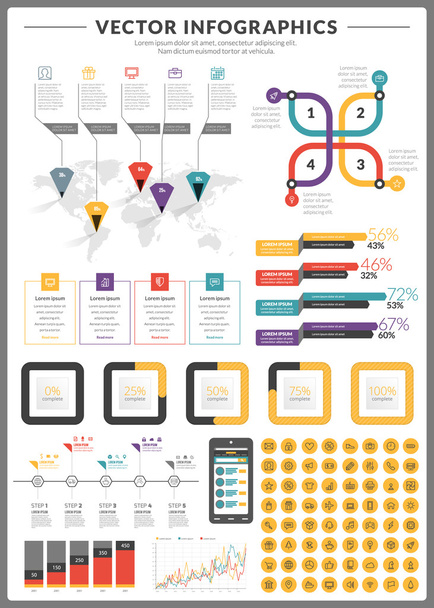 Big pack of data visualization vector infographics and design elements with business bar, charts, graph, diagrams and icon set for brochures, flyers and websites - Vector, Image