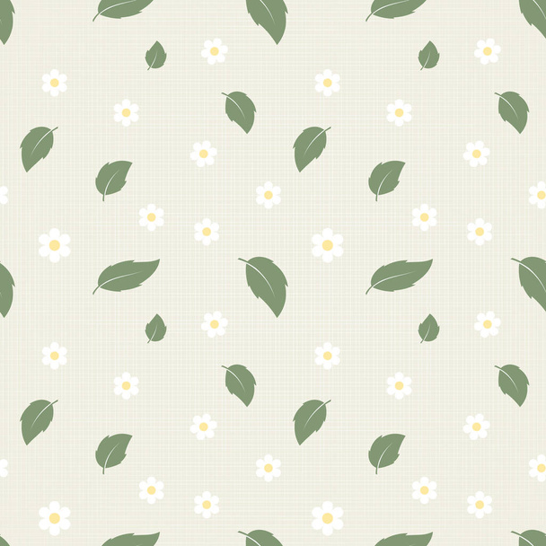Margaridas pequenas e folhas em um fundo têxtil. Cores pastel. Fundo, têxtil, impressão, vetor - Vetor, Imagem