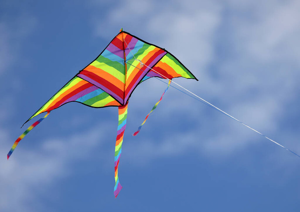 grote vlieger met de vele kleuren van de regenboog vliegen hoog bevestigd aan een string - Foto, afbeelding