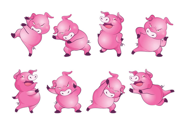 かわいい豚漫画のキャラクター陽気な面白いダンス多くのアクション - ベクター画像