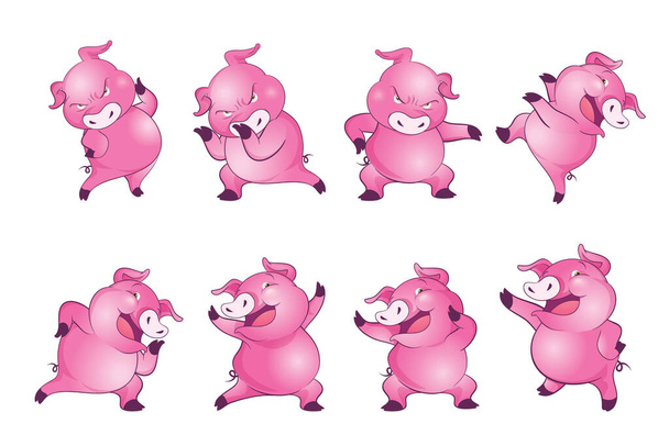 かわいい豚漫画のキャラクター陽気な面白いダンス多くのアクション - ベクター画像