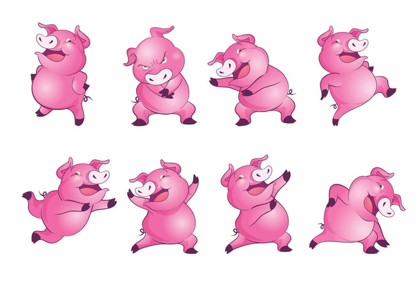 Χαριτωμένο χοίρων χαρακτήρα κινουμένων σχεδίων χαρούμενα αστεία χορό πολλές δράσεις - Διάνυσμα, εικόνα