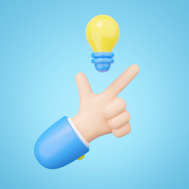3D Snap fingers. Лампочка плавает в руке на синем фоне. Творческая идея для бизнеса, конкурс отличных идей, мозговой штурм, концепция успешного образования. Икона карикатуры. Трехмерная иллюстрация - Фото, изображение