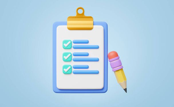 3d Checklist and pencil on blue background. Confirmed or approved document icon. Beige clipboard with paper sheets with check marks symbol. Cartoon icon minimal style. 3d render with clipping path. - Photo, Image