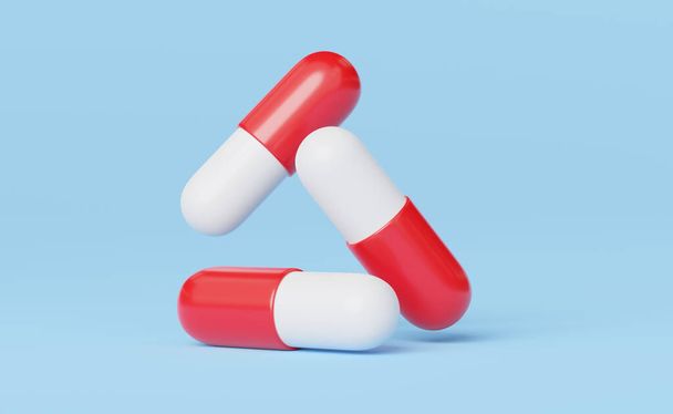 3D Medicijn capsules drijven op een blauwe achtergrond. Witte rode pil capsule vallen. Apotheekverstrekking, drugsreclame. Gezondheidszorg, medische behandeling, Dieetconcept. Cartoon minimaal pictogram. 3d renderen. - Foto, afbeelding