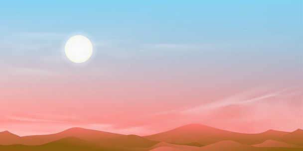 Sunrise Morning with Pink, Blue Sky, Paisagem rural com céu de pôr do sol à noite, Vector horizonte bela bandeira da natureza de moutains vista com crepúsculo romântico, Luz solar para fundo de quatro estações - Vetor, Imagem
