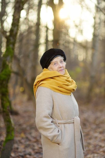 Portrait of beautiful senior woman during walk in autumn park. Old woman lady is walking outdoor. Activity and communication with nature is the secret of healthy and longevity. - Foto, afbeelding