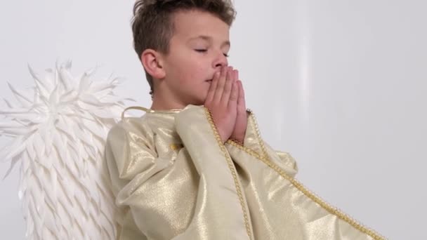 小さな男の子は神に祈り、彼はスタジオの白い背景に天使の衣装を着ています。 - 映像、動画