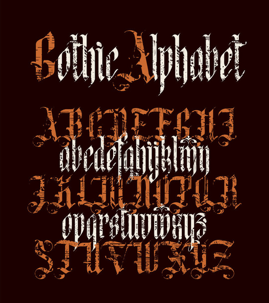 Gothic font. Full set of capital letters and small of the English alphabet in vintage stylewith damaged and scratched elements. Medieval Latin letters. Vector calligraphy and lettering. - Вектор, зображення