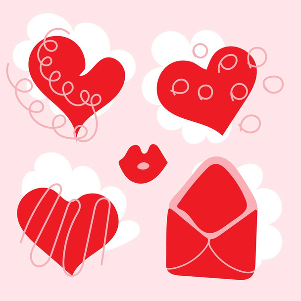 Verzameling van geschilderde rode harten en een envelop op een achtergrond van witte wolken. Afzonderlijk element voor wenskaarten, uitnodigingen, Valentijnsdag, scrapbooking design. - Vector, afbeelding