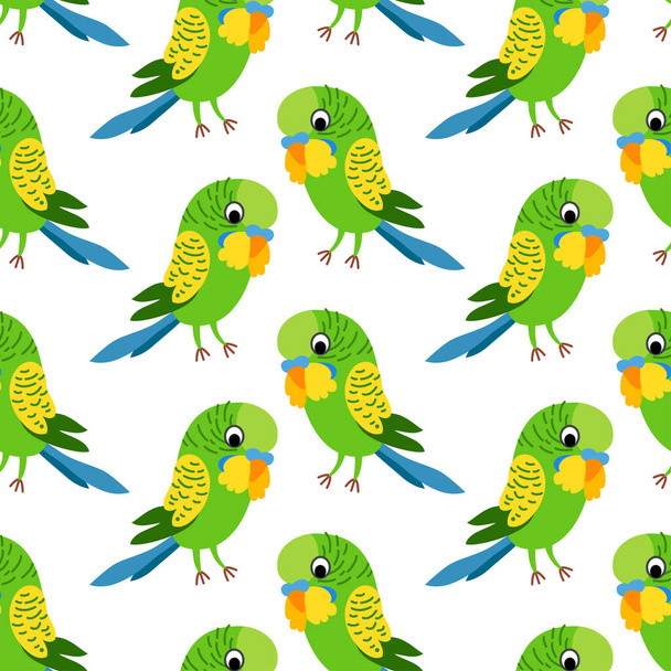 シームレスな低予算のオウムの鳥は子供のために背景を見つけます。かわいい子供のデザインテンプレート。繊維、包装紙、グリーティングカードや幼稚園のためのポスターのための明るいアイコン - ベクター画像