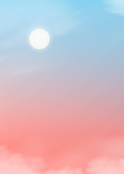 Värikäs clearsky pörröinen pilvet pastelliväri sininen, vaaleanpunainen ja oranssi aamulla, Fantasia maaginen auringonlasku taivaalla keväällä tai kesällä, vektori kuvitus makea tausta neljän kauden banneri - Vektori, kuva