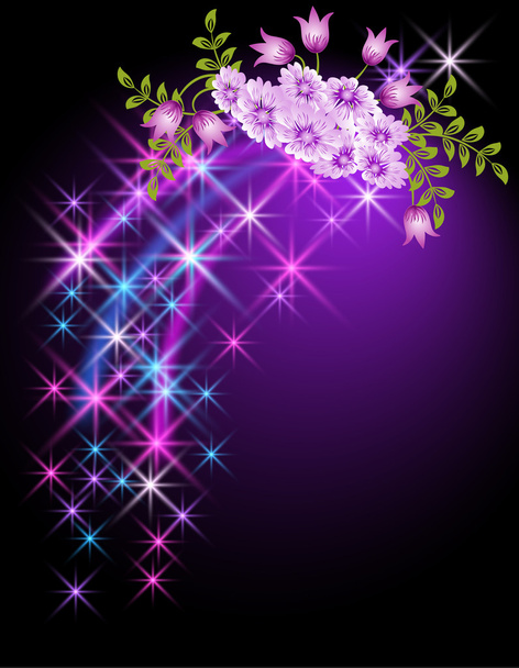 Glowing background with flowers and stars - Vektori, kuva