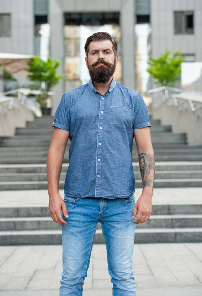 bearded man outside. bearded man with beard. hipster bearded man standing outdoor. - Fotoğraf, Görsel