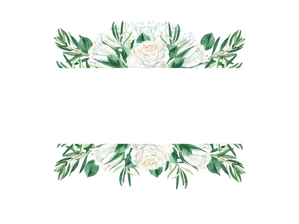 Floral wedding watercolor horisontal frame. Rustic style. White creamy roses, olive and gypsophila branches isolated on white background. Can be used for cards, banners, cosmetic design - Foto, afbeelding