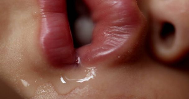 Baby lips macro close-up drooling sleeping. Toddler infant face detail closeup lips drool - Photo, image