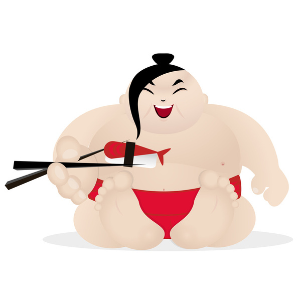 Cute sumo wrestler and sushi - Vector, Image