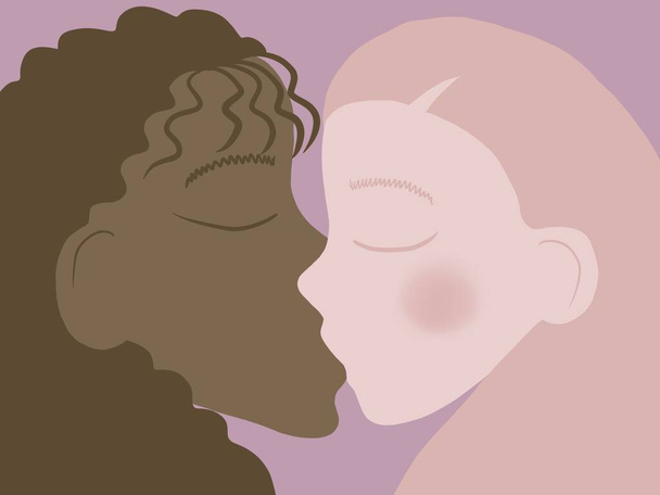 illustration, a gentle kiss of two lesbian girls of African and European appearance in love, with closed eyes, on a pink background - Fotografie, Obrázek