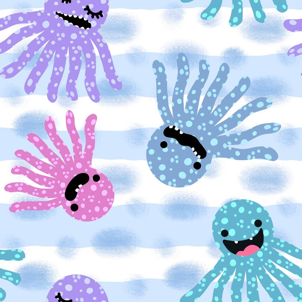 Kids animals seamless cartoon doodle octopus pattern for wrapping paper and clothes child print and fabrics and hobbies and accessories and notebooks and linens. High quality illustration - Photo, Image