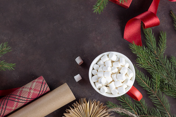 Marshmallow. Christmas background with Christmas trees. christmas card. Festive Christmas card. View from above. gifts. copy space - Photo, Image