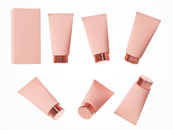 Seis vistas diferentes de tubo de crema cosmética beige con tapa de oro rosa con caja aislada sobre fondo blanco 3D render, cuidado producto embalaje y diseño de marca listo maqueta - Foto, Imagen