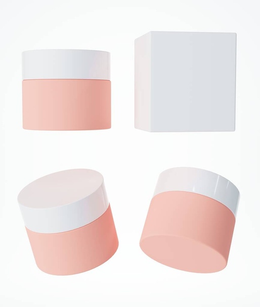 Erilaisia näkemyksiä vaaleanpunainen kosmeettinen kerma purkki hopea korkki ja laatikko eristetty valkoisella taustalla 3D renderöinti, hoito tuotepakkausten ja tuotemerkin malli, suunnittelu valmis mallinnus - Valokuva, kuva