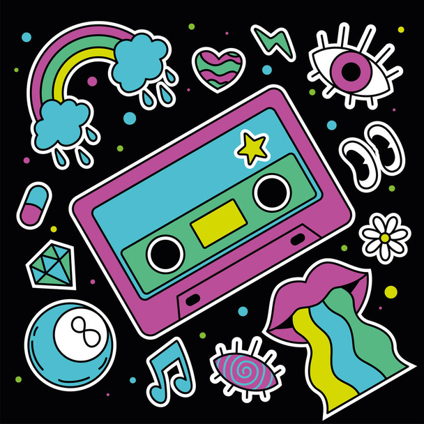 Colored group of groovy emotes and icons Retro cassette Vector illustration - Vector, Imagen