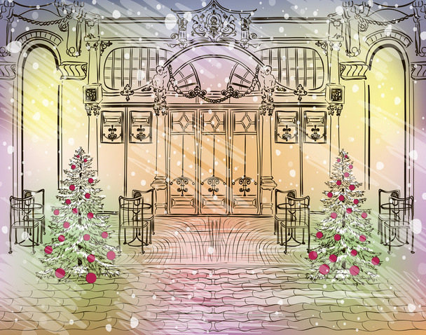 Old city cafe with Christmas decorations  - Vector, afbeelding