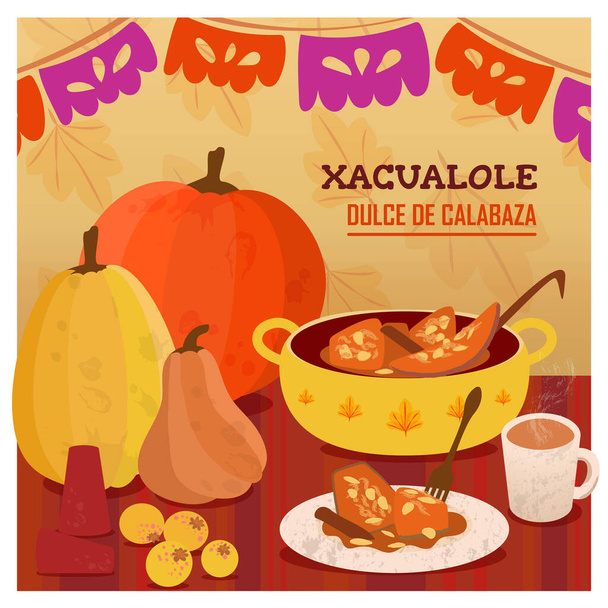 Illustration chacualole - xacualole, piloncillo ve diğer meyvelerle hazırlanmış balkabağı. Ölüler Günü 'nde sunulan tipik yemekler. Meksika geleneği. - Vektör, Görsel