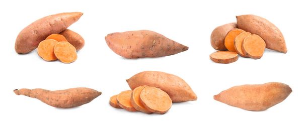 Set with whole and cut ripe sweet potatoes on white background. Banner design - Valokuva, kuva