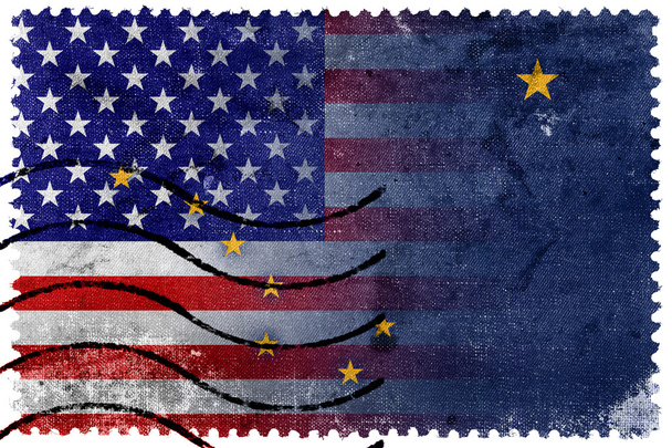 USA and Alaska State Flag - old postage stamp - Fotoğraf, Görsel