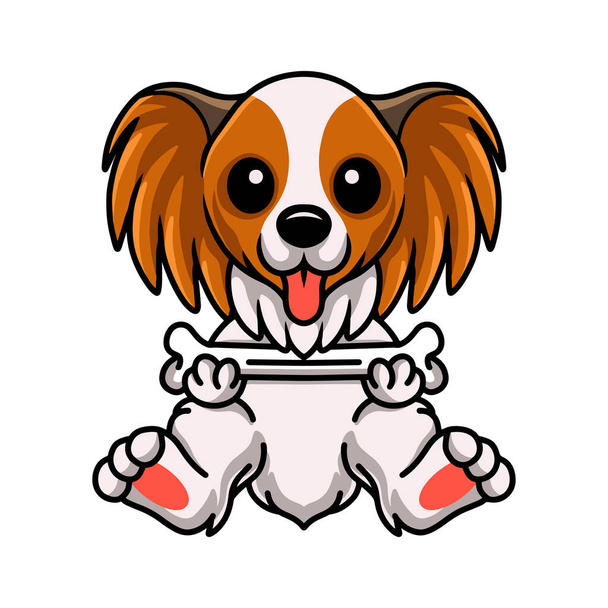 Ilustración vectorial de dibujos animados lindo perro papillon sosteniendo un hueso - Vector, imagen