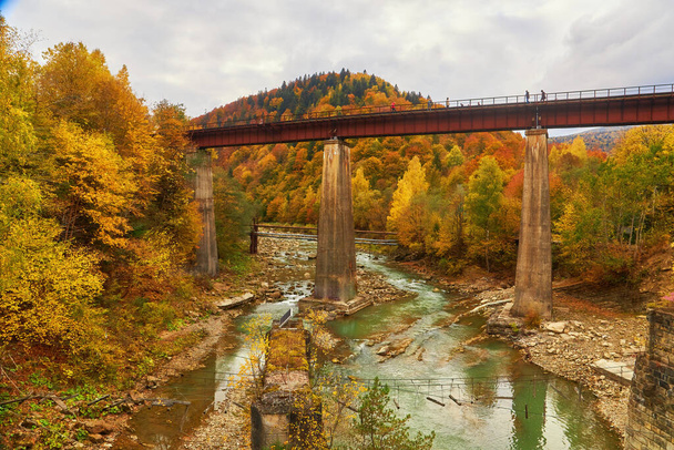 Widok na most kolejowy nad rzeką Prut. Piękna jesień w Karpatach, Jaremcze, Ukraina - Zdjęcie, obraz