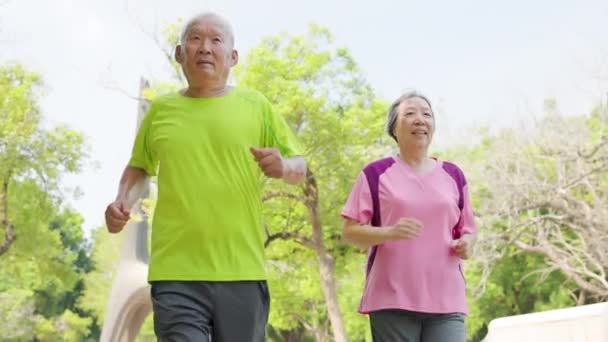 šťastný starší asijský pár cvičení a běh v parku - Záběry, video