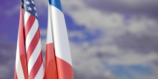 France and USA relationship. United States America and French flags on pole, cloudy sky background, 3d render - Photo, image